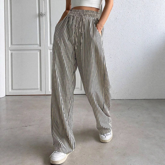 Damen Marlene-Streifenhose aus Leinenmix mit weitem Bein, Elastikbund und Kordelzug Nord Taschen