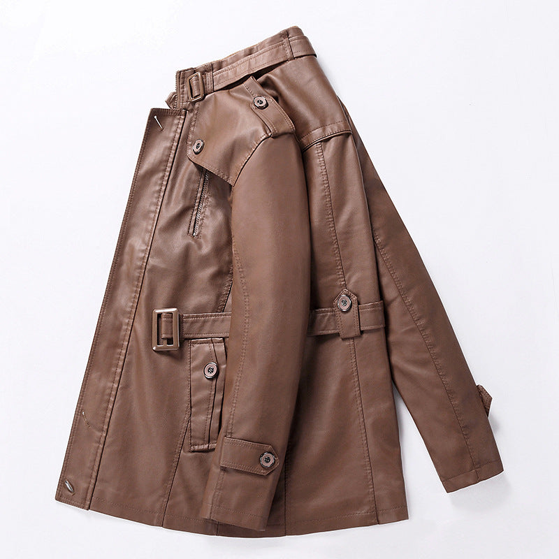 Herren Taillierter Leder-Trench mit Gürtel und Ziernähten Nord Taschen