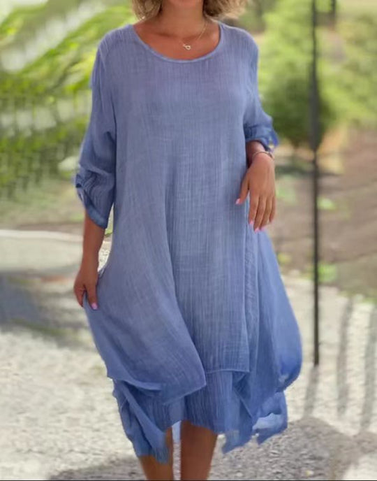 Damen nan weites Musselin-Midikleid mit rundem Halsausschnitt, krempelbaren halblangen Ärmeln und mehrlagigem Stufenrock
