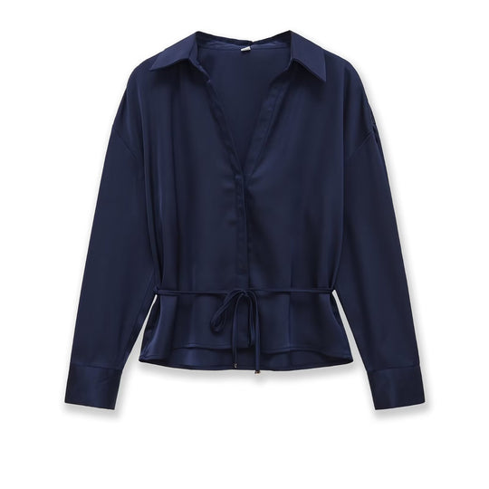 Damen Seidiges Hemdblusen-Shirt mit Bindegürtel und Schößchen Nord Taschen