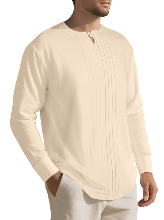 Herren Leichtes Langarmshirt im Leinenlook mit Stehkragen, Kellerfalten und Schlaufenverschluss Nord Taschen