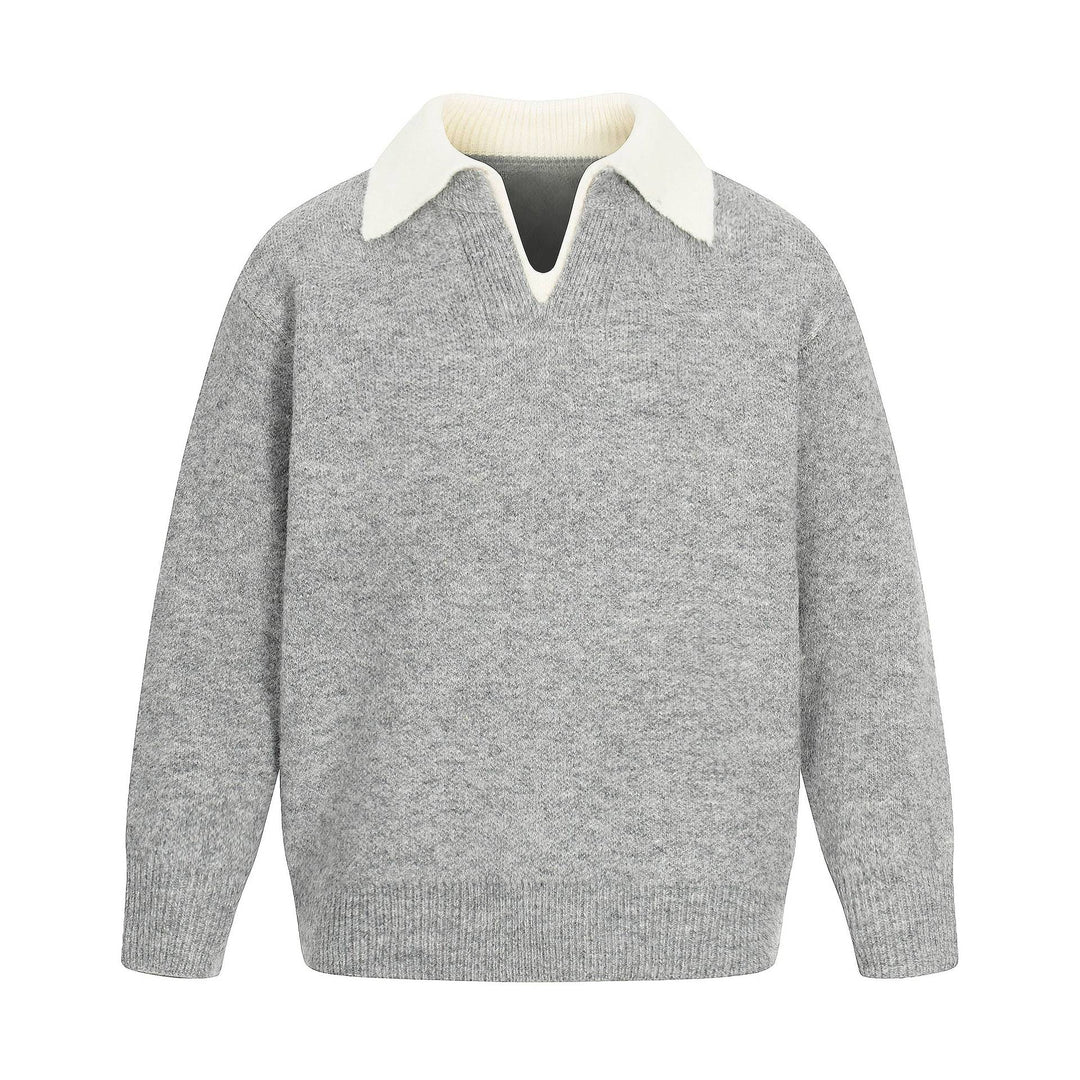 Damen Oversize Wollmix-Pullover mit kontrastpolokragen und V‑Ausschnitt Nord Taschen
