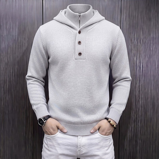 Herren Feinstrick-Kapuzenpullover mit halbem Reißverschluss und Knopfblende Nord Taschen
