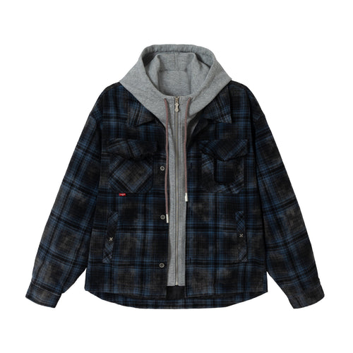 Herren karierte Layer‑Hemdjacke mit integrierter Kapuzen‑Innenjacke Nord Taschen