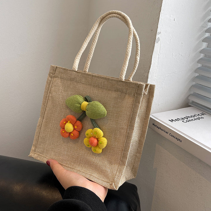 Damen Jute-Tragetasche mit verspieltem Blumenapplikationsdesign Nord Taschen