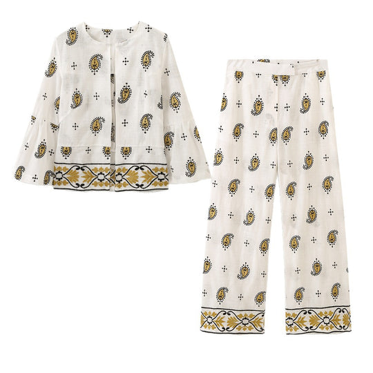 Damen Weite Leinenhose mit Paisley‑Print und besticktem Saum Nord Taschen