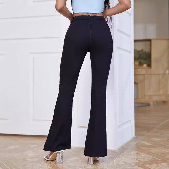 Damen High-Waist Schlaghose aus Stretch-Denim mit Taschenklappen und Frontschlitz Nord Taschen