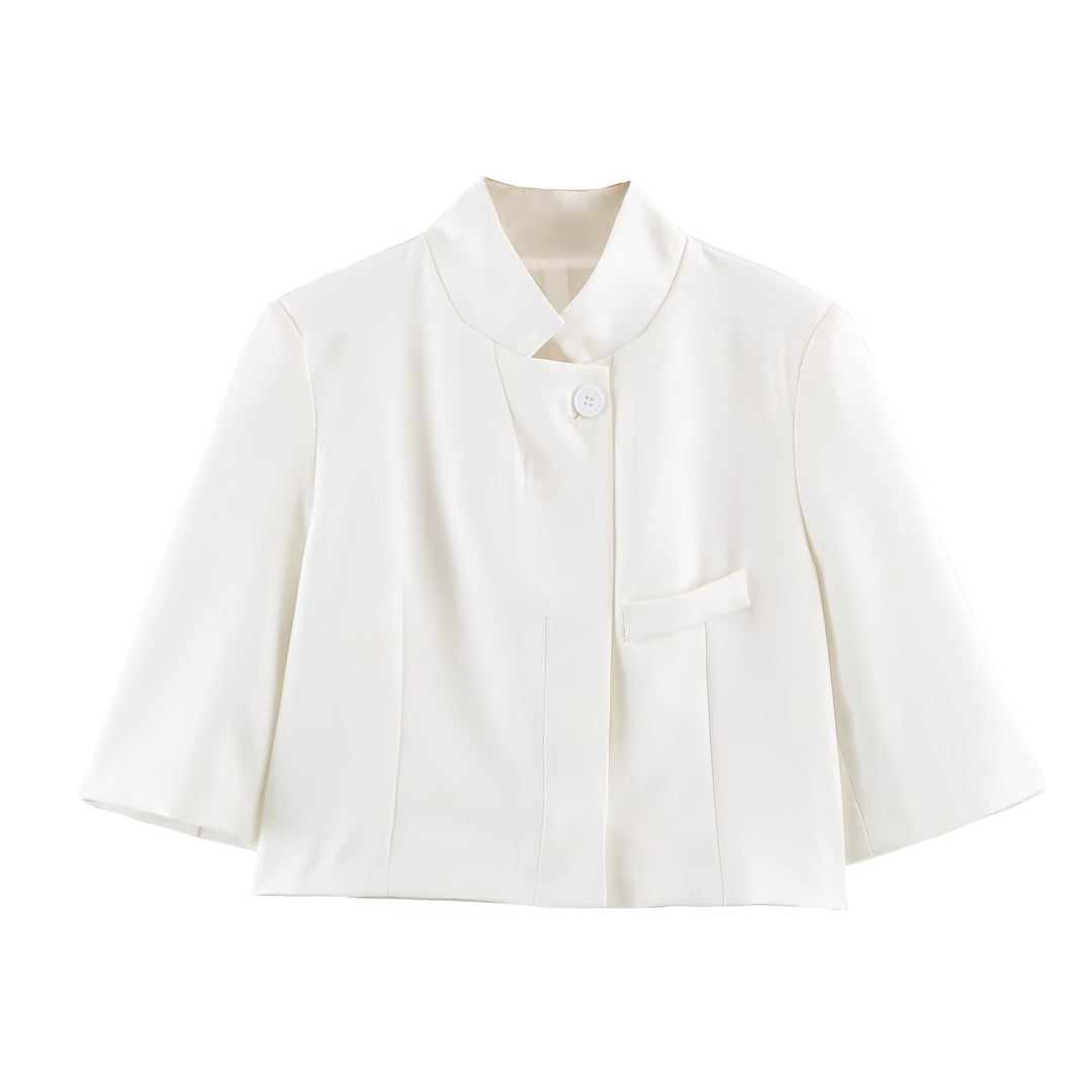 Damen Elegante Cropped-Jacke mit Stehkragen, verdeckter Knopfleiste und 3/4-Ärmeln Nord Taschen