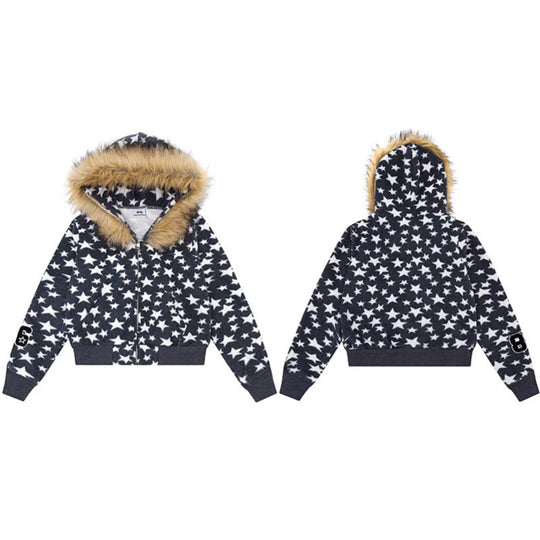 Damen Kapuzen-Sherpajacke mit Sternenprint, Reißverschluss und Kunstpelzbesatz Nord Taschen