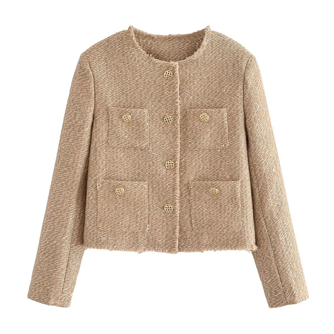 Damen Bouclé-Cropped-Jacke ohne Kragen mit Zierknöpfen und aufgesetzten Taschen Nord Taschen