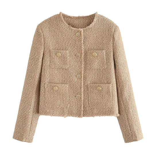Damen Bouclé-Cropped-Jacke ohne Kragen mit Zierknöpfen und aufgesetzten Taschen Nord Taschen