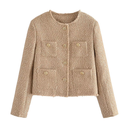 Damen Bouclé-Cropped-Jacke ohne Kragen mit Zierknöpfen und aufgesetzten Taschen Nord Taschen