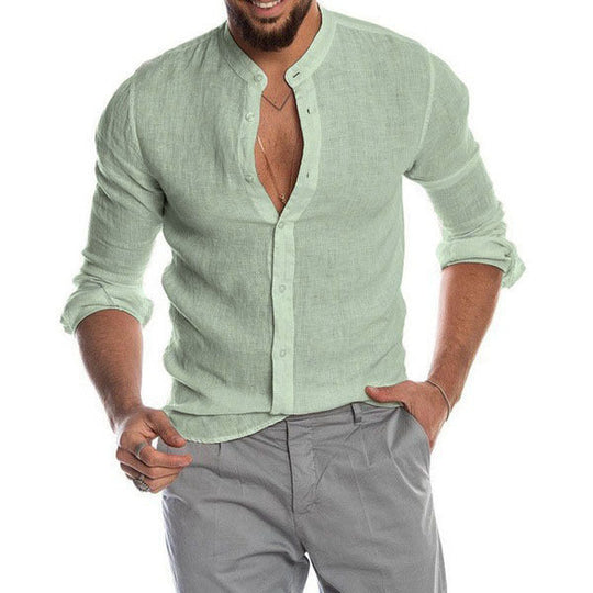 Herren nan Leinenhemd mit Stehkragen, durchgehender Knopfleiste und legerer Slim-Fit-Passform