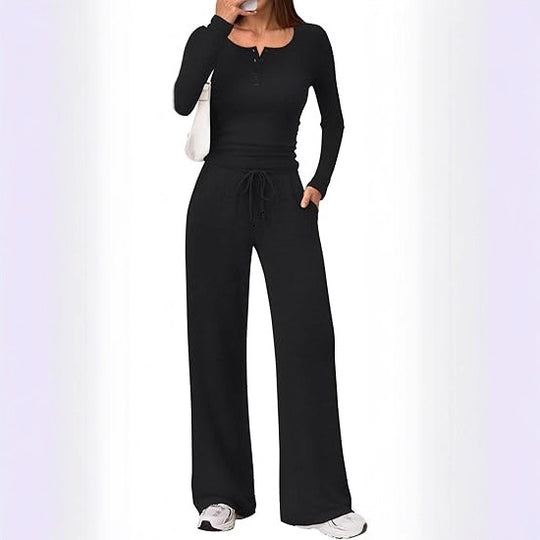 Damen Zweiteiliges Feinstrick-Lounge-Set mit Henley-Top und Palazzo-Hose Nord Taschen