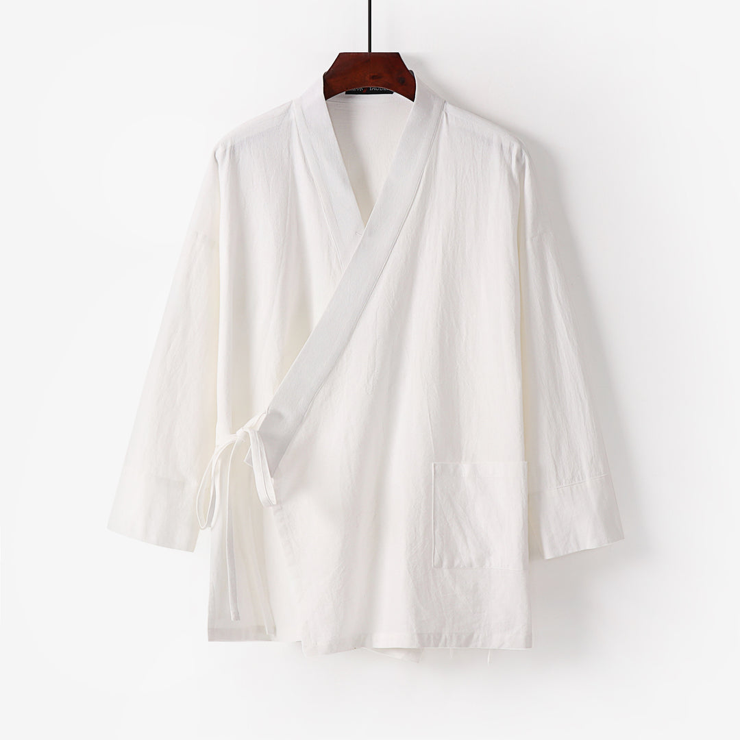 Damen Kimono-Cardigan aus Baumwoll-Leinen mit dreiviertelärmeln Bindegürtel und aufgesetzten Taschen Nord Taschen