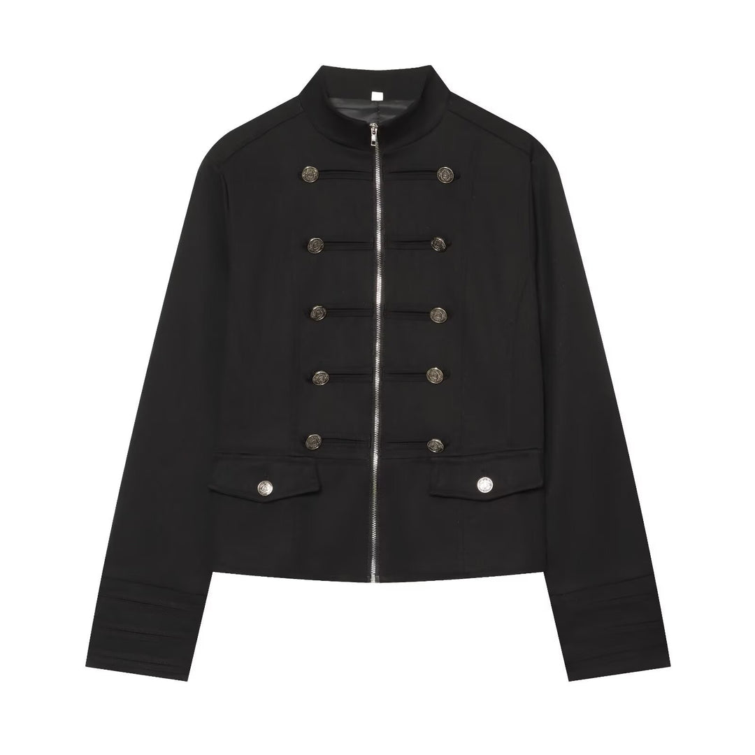Damen Militärinspirierte Kurzjacke mit Stehkragen und Zierknöpfen Nord Taschen