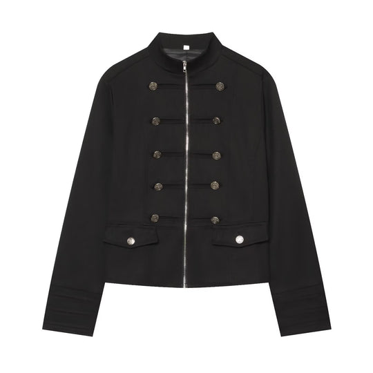 Damen Militärinspirierte Kurzjacke mit Stehkragen und Zierknöpfen Nord Taschen