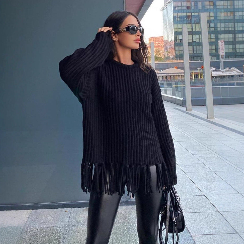 Damen lässiger Rippstrick-Pullover mit Fransen-Saum und Oversize-Silhouette Nord Taschen