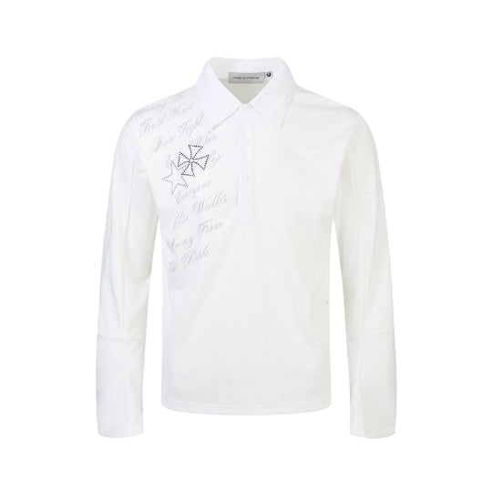 Damen Poloshirt-Langarmshirt mit Hemdkragen, Schriftprint und Strass-Applikation Nord Taschen