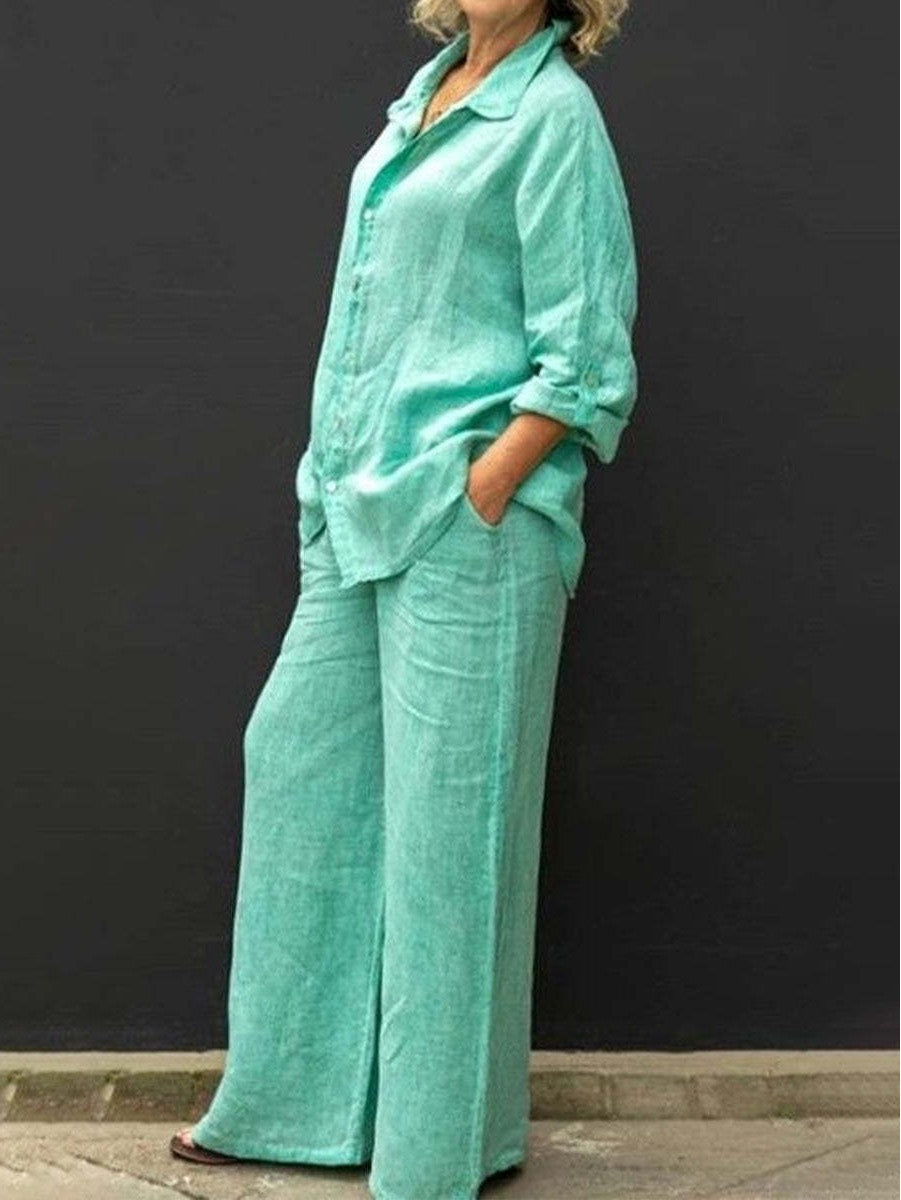 Damen Entspanntes Leinen-Set mit Oversize-Hemd und weiter Palazzo-Hose Nord Taschen