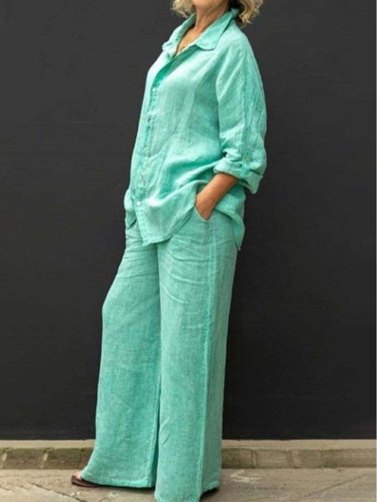 Damen Entspanntes Leinen-Set mit Oversize-Hemd und weiter Palazzo-Hose Nord Taschen
