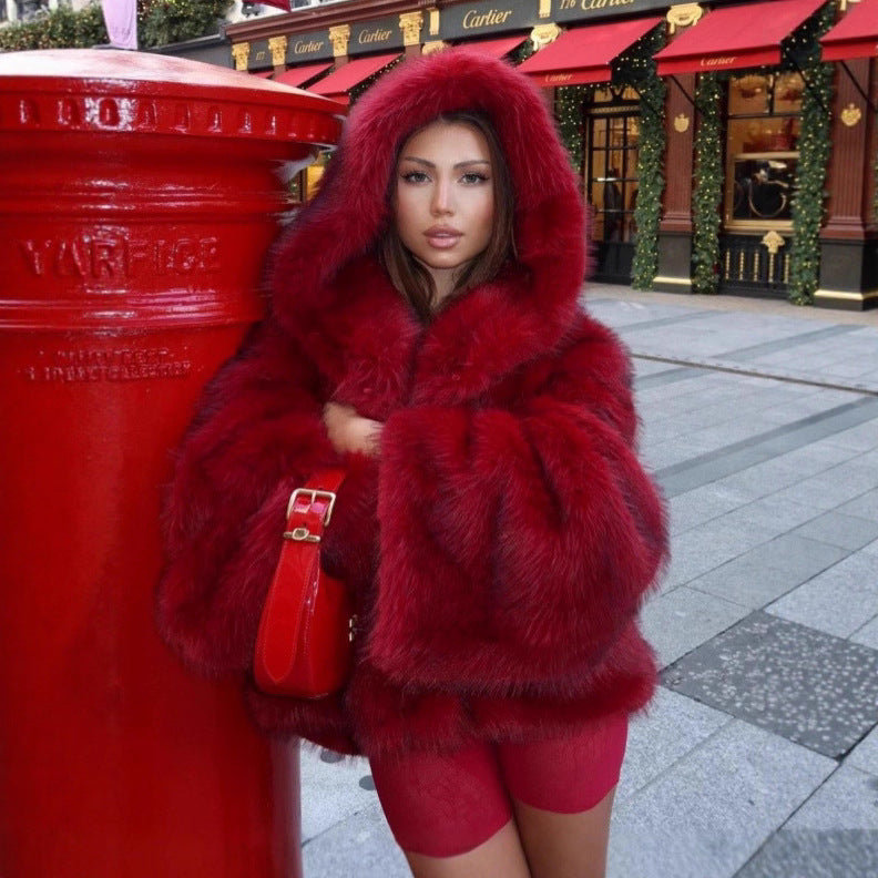 Damen Kapuzenkunstpelzjacke mit voluminöser Shaggy‑Silhouette Nord Taschen