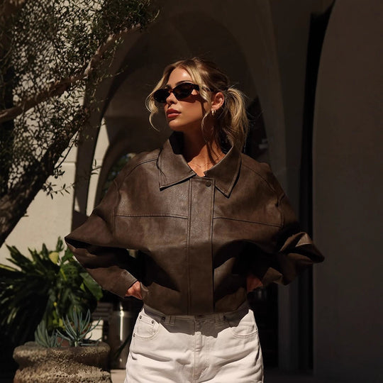 Damen Boxy Cropped Lederimitat‑Blouson mit Oversize‑Schulter Nord Taschen