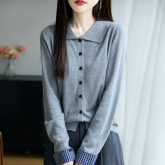 Damen Leichter Feinstrick-Cardigan mit breitem Hemdkragen und Frontknopfleiste Nord Taschen