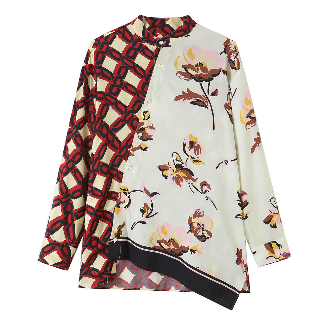 Damen Asymmetrische Seidenoptik-Bluse mit Kontrast-Print und Stehkragen Nord Taschen