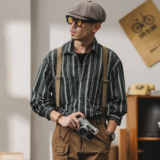 Herren Gestreiftes Overshirt-Hemd aus Baumwoll-Leinen mit Brusttaschen Nord Taschen