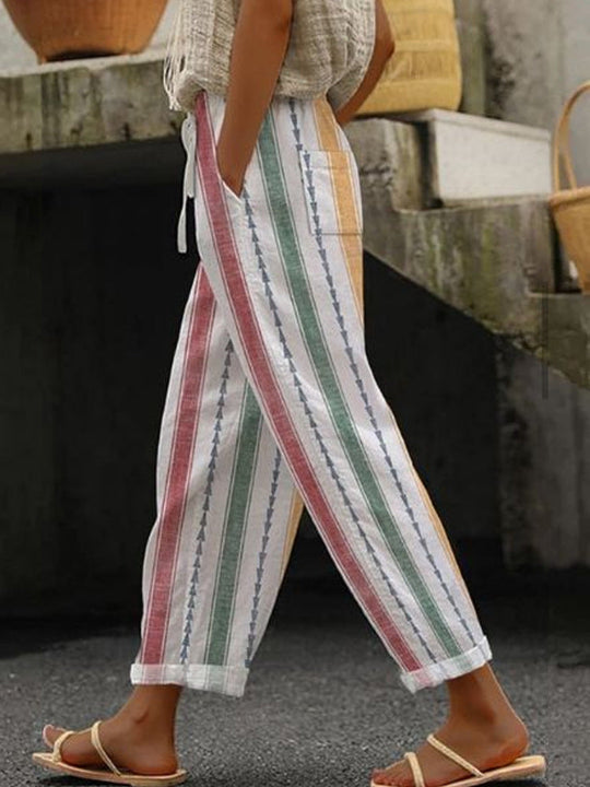 Damen Weite Leinenhose mit handgewNord Taschentem Muster