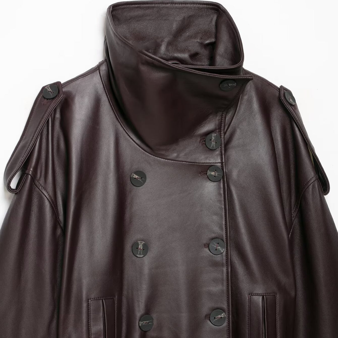 Damen Kurze Leder-Trenchcoat-Jacke mit hohem Stehkragen, doppelreihiger Knopfleiste und Taillengürtel Nord Taschen