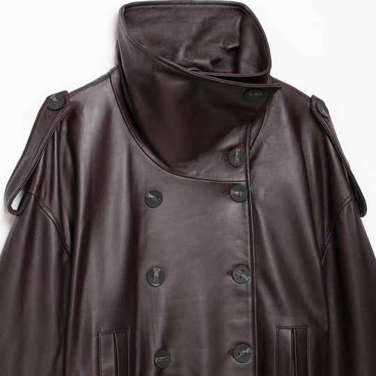 Damen Kurze Leder-Trenchcoat-Jacke mit hohem Stehkragen, doppelreihiger Knopfleiste und Taillengürtel Nord Taschen