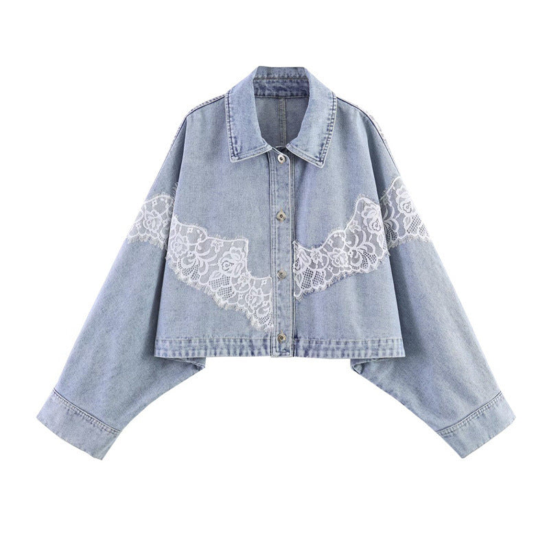 Damen verkürzte Jeansjacke mit Spitzenbesatz und überschnittener Schulter Nord Taschen