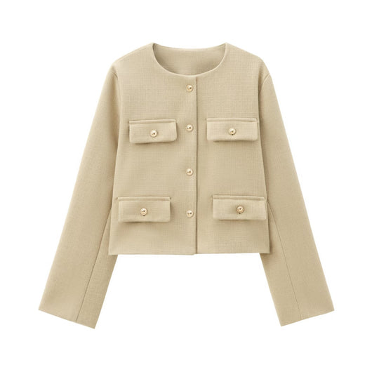 Damen Bouclé-Cropped-Jacke mit vier Pattentaschen und goldenen Schmuckknöpfen Nord Taschen