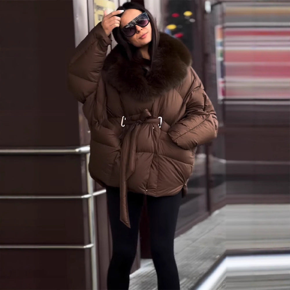 Damen Oversize Steppjacke mit Taillengürtel und Kunstfellkragen Nord Taschen