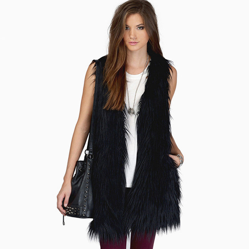 Damen Lange ärmellose Shaggy‑Kunstfellweste mit kaschierender A‑Linie und weichem High‑Pile Nord Taschen