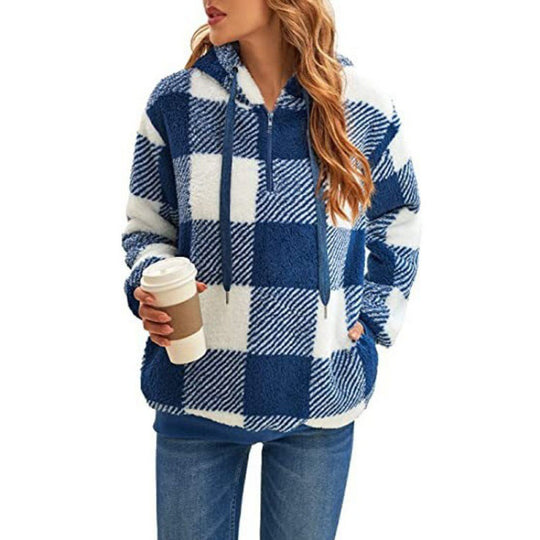 Damen Oversized Sherpa-Hoodie im Karomuster mit halbem Reißverschluss und Kängurutasche Nord Taschen