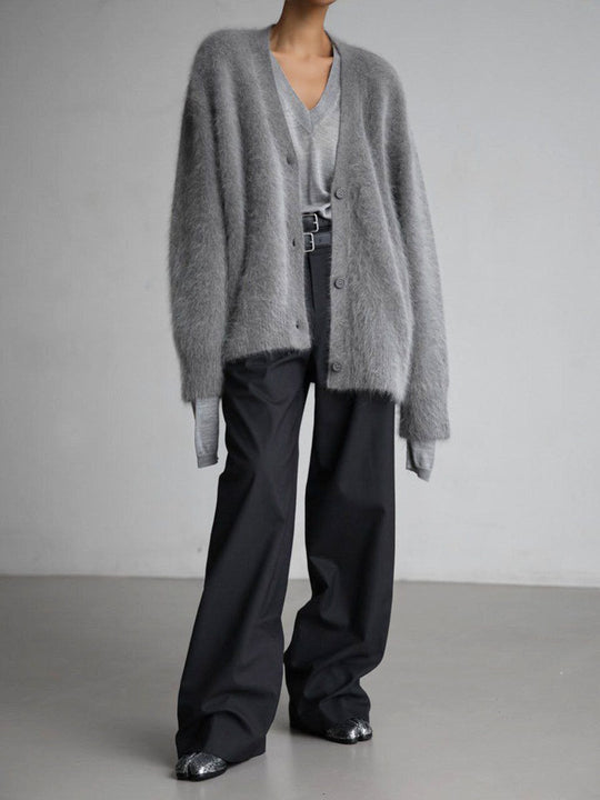 Damen Flauschige Mohair-Optik Strickjacke mit V-Ausschnitt und Oversize-Schnitt Nord Taschen