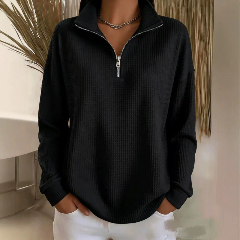 Damen Waffelstrick-Sweatshirt mit halbem Reißverschluss und Stehkragen Nord Taschen