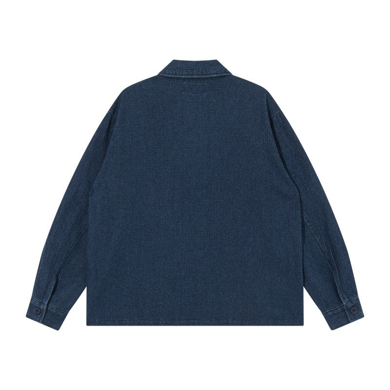 Herren Kurz geschnittene Denim-Chorejacke im Boxy-Blousonstil mit chinesischer Knebelknopfleiste Nord Taschen