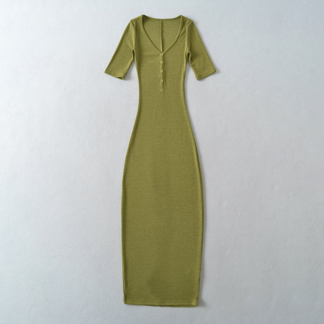 Damen Figurbetontes Midikleid aus Rippstrick mit Knopfleiste und halblangen Ärmeln Nord Taschen