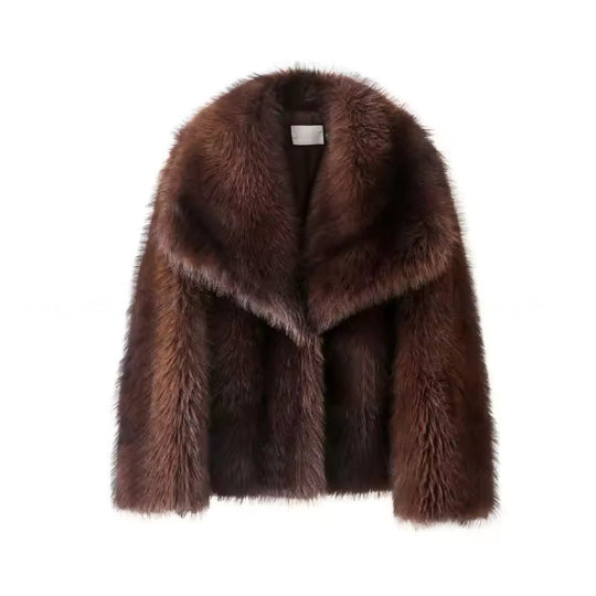Damen Kurze Plüsch-Kunstpelzjacke mit weitem Schalkragen und geradem Schnitt Nord Taschen