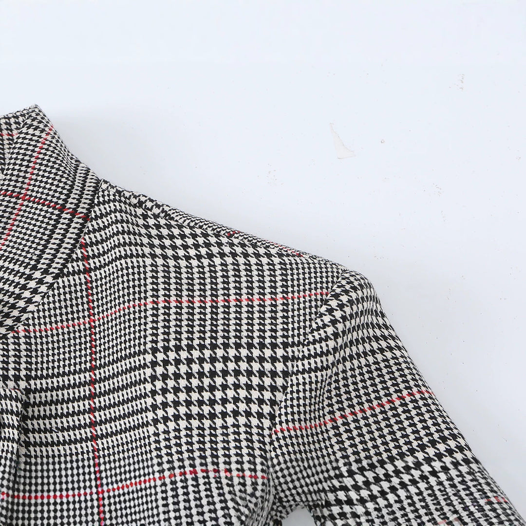Damen Glencheck-Kurzblazer im Boxy-Schnitt mit Stehkragen und verdeckter Knopfleiste Nord Taschen