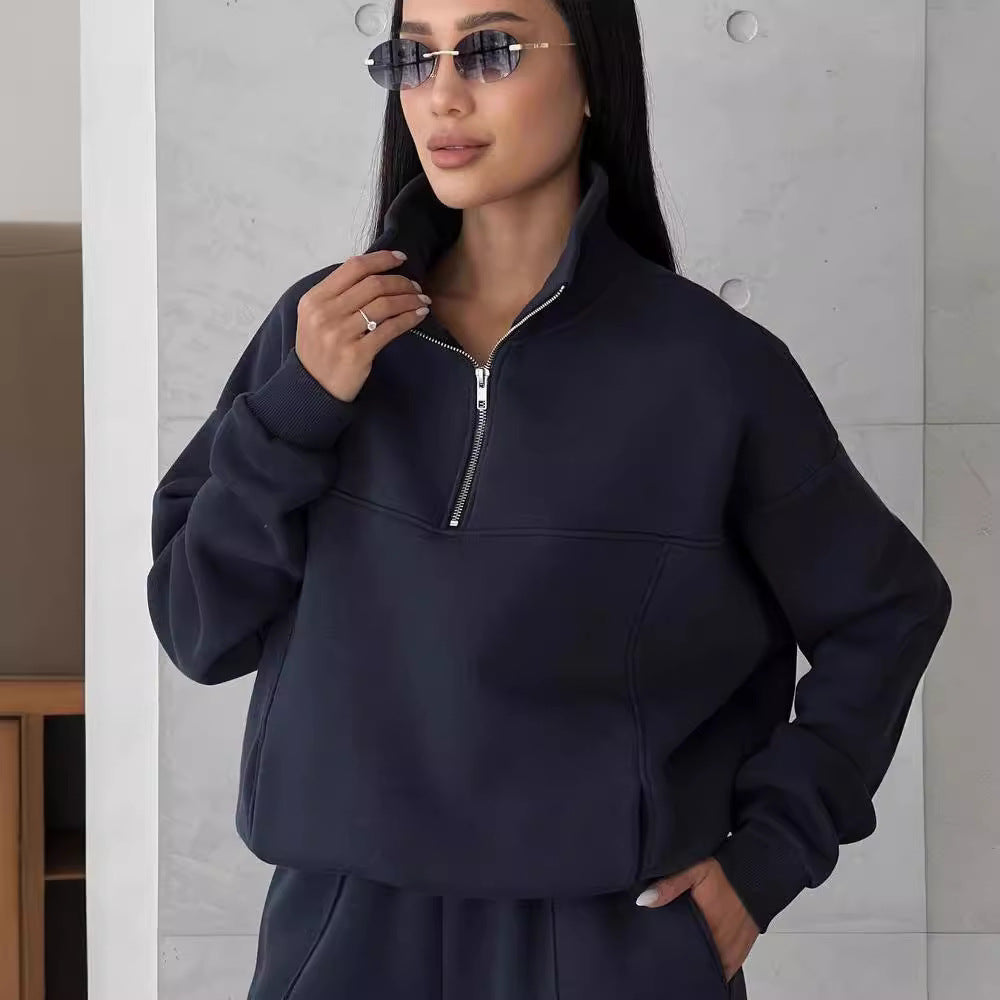 Damen Weiches Oversized Lounge-Set mit Troyer-Kragen, Eingrifftaschen und schmeichelhafter High-Waist Hose Nord Taschen