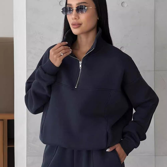 Damen Weiches Oversized Lounge-Set mit Troyer-Kragen, Eingrifftaschen und schmeichelhafter High-Waist Hose Nord Taschen