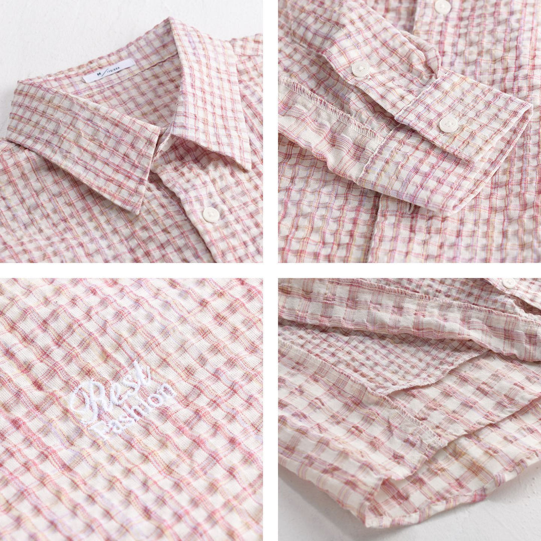 Damen Relaxed-Fit Crinkle-Hemdjacke mit feiner Gingham‑Webstruktur und dezenter Bruststickerei Nord Taschen