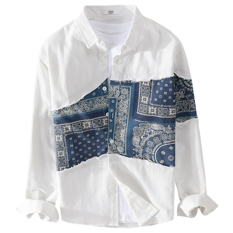 Herren Patchwork-Hemdjacke mit Bandana-Einsatz, rohen Kanten und weiter Passform Nord Taschen