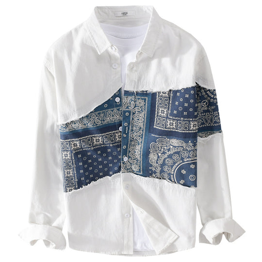 Herren Patchwork-Hemdjacke mit Bandana-Einsatz, rohen Kanten und weiter Passform Nord Taschen