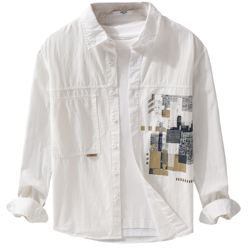 Herren Leichtes Baumwoll-Canvas-Overshirt mit abstraktem Frontprint und Doppelbrusttasche Nord Taschen